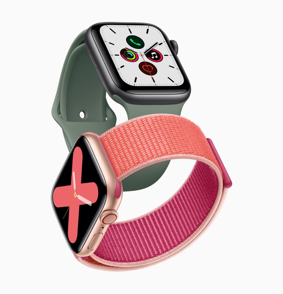 Apple_watch_series_5-gold-aluminum-case-pomegranate-band-and-space-gray-aluminum-case-pine-green-band-091019-985x1024